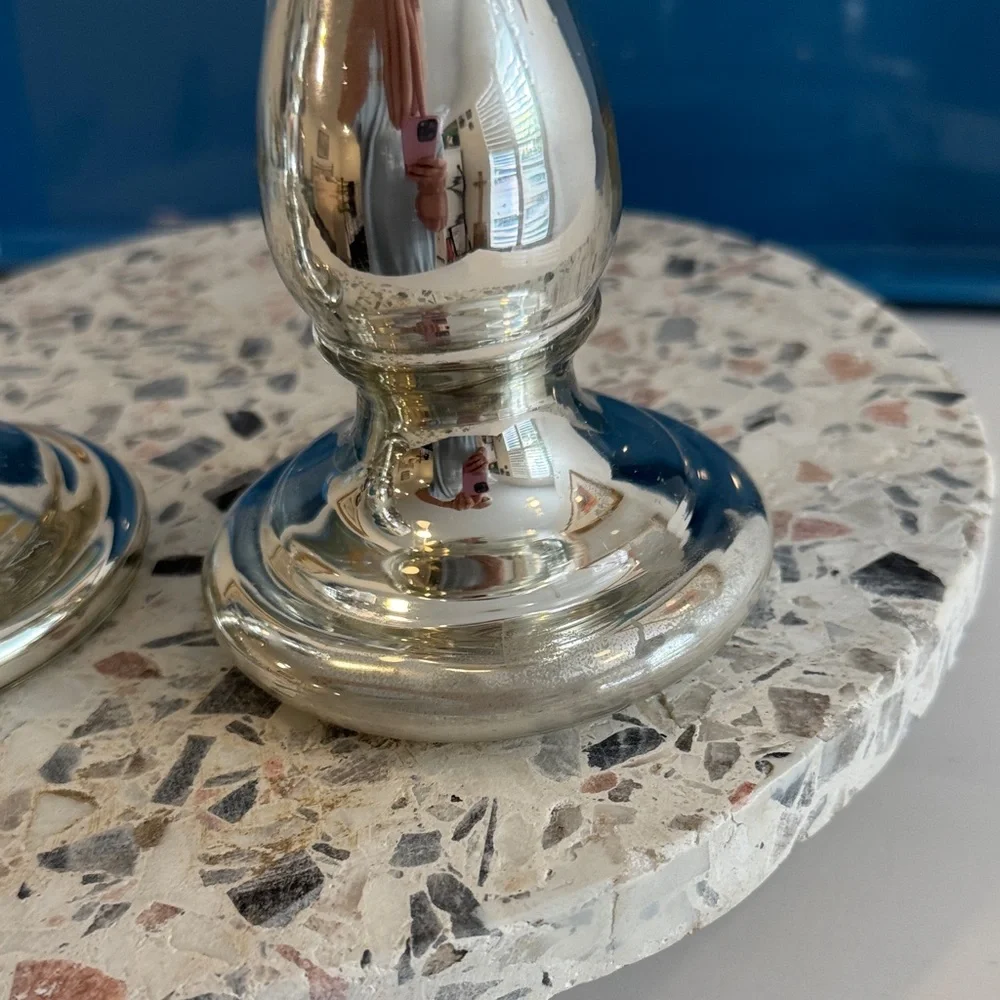Mercury Glass Turned Style Antique Inspired Candle Sticks (2)